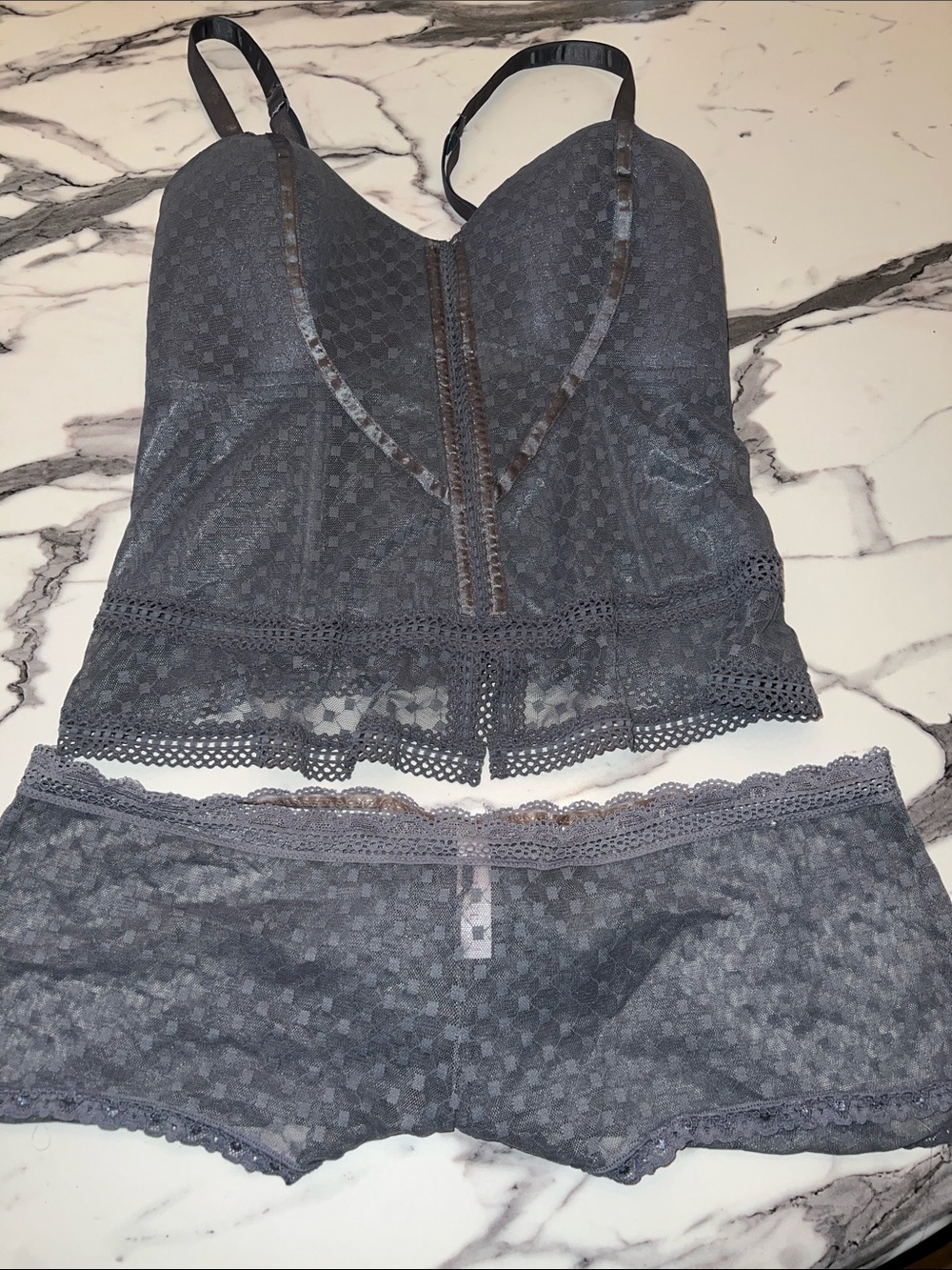 Cacique Gray Lace Trim Corset/Bralette and Boyshort Set Size 14/16